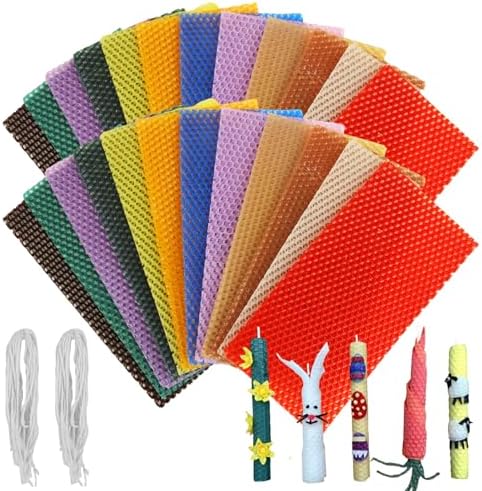 LDHHYH 4x8 Inch Beeswax Sheets for Candle Making, 24 PCS Beeswax Candle Making Kit for Adults, 12 Bright Colors Beeswax Honeycomb Sheet with Cotton Wick for DIY Crafts Candle Making Rolling Kits