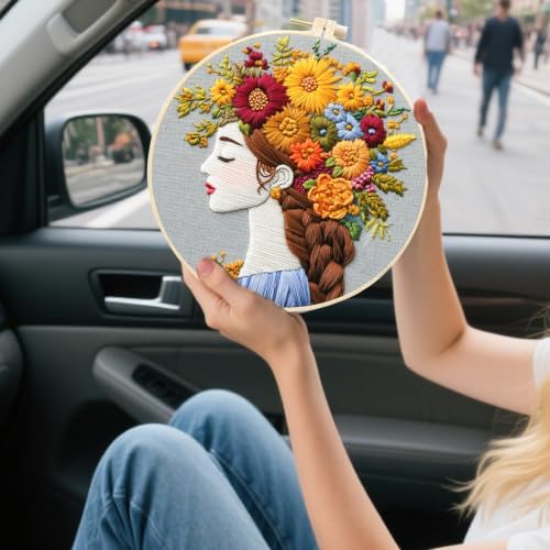 FONNUY Floral Women Embroidery Kit for Beginners, Colorful Long Hair Girl Pre-Stamped Pattern Kits for Adults with Hoop, Thread Needlework, 8'' Hoop (Brown)