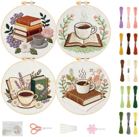 FREEBLOSS 4 Sets Embroidery Kit for Beginners Needlepoint Embroidery Starter Kit with Coffee and Book Stamped Patterns, Instructions, Colored Threads, 2 Hoops 20cm/7.9inch