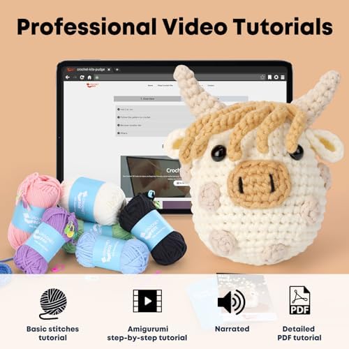 CrochetBox Crochet Kit for Beginners Adults - Polka Dot Highland Cow Starters Crochet Kit, Crocheting Kitting for Adults Teen, Craft Gifts with Crochets Yarns, Hook, Step-by-Step Video, Instruction