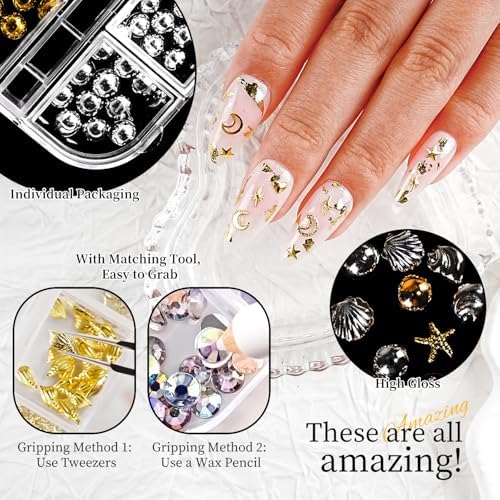 JODSONE Rhinestone Picker Tool,Nail Charms,Nail Rhinestones Kit with 6 Boxes of Rhinestones,12 Nail Stickers in 2 Colors Multi Shape Pearls Jewels Crystals with Nails Art Tools