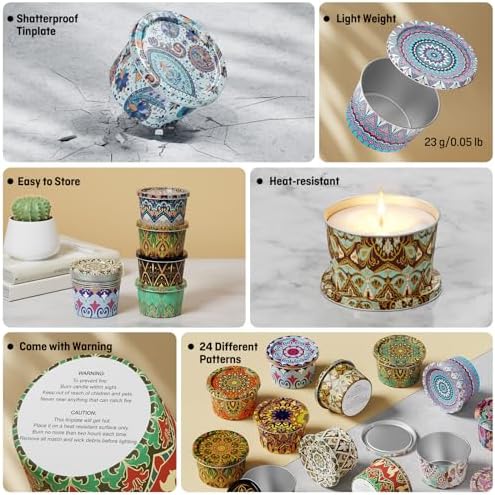 Nexuraze Empty Candle Tins for Making Candles with Lids, Tinplate Material, Warning Label Printed on Can Bottom (Colorful)