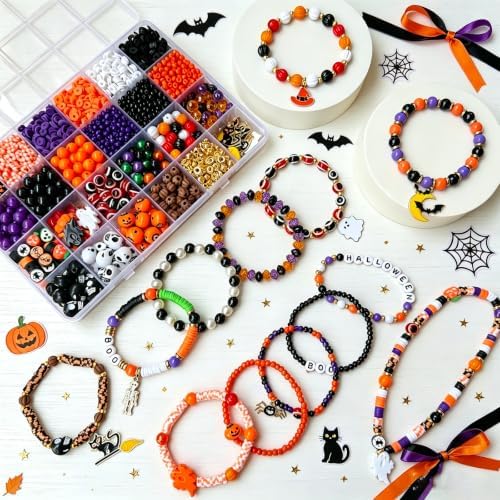 XBYzuzi 2600Pcs Halloween Beads for Bracelets Jewelry Making Kit, Orange Black White Purple alloween Polymer Clay Beads Pumpkin Evil Eye Skull Bead with Ghost Spider Charms for DIY Craft Earring