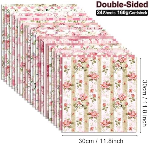 Pink Scrapbook Paper Vintage Flower Pattern Papers Pad 12×12,24 Sheets Double-Sided Mother's Day Bobo Floral Scrapbooking CardStock Paper Pad for Holiday Cardmaking DIY Origami Papers.
