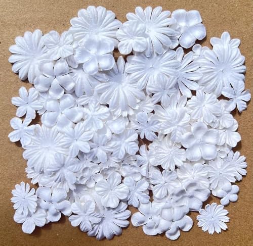 100 Pcs Handmade Mulberry Paper Flowers 3 mm - 1.5 Inch Scrapbooking Wedding DIY Craft Supplies Card. (Mixed White Flowers)