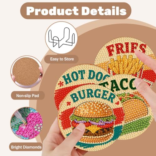 CRZMODE 8 Pcs Burger Diamond Art Coasters Kits, Diamond Painting Coasters with Holder Set of 8, DIY Burger Art Crafts Supplies for Adults Cup Mat House Warming Gifts Non-Slip