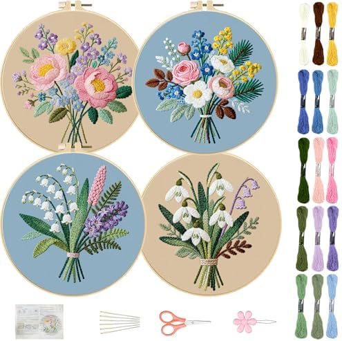 FREEBLOSS 4 Sets Embroidery Kit for Beginners Needlepoint Bouquet Stamped Embroidery Starter Kit with Instructions, Needles, Threads, 2 Hoops 11.6"/29.5CM