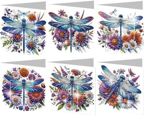 Diamond Art Cards with Envelopes–6PCS DIY Diamond Painting Greeting Cards Kit | Card Making Kit with Bling for Adults & Beginners | Birthday,Holiday & Thank You Cards (Flower Dragonfly)