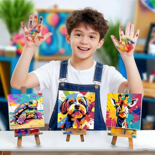 bleihum 4 Pack Paint by Numbers Kit for Kids with Frame Wooden Easel | Easy Paint by Number Kids Animals, Diy Acrylic Oil Colorful Painting by Numbers for Teen Boys Girls Home Decor 8x8Inch