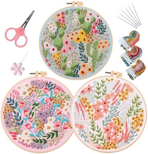 LB Pink Floral Embroidery Kit for Beginners Adults, 3 Sets Hand Embroidery Starter Kit with Cactus Flower Pattern and Instructions Stamped Cross Stitch Kits Include Embroidery Hoop Needles Threads