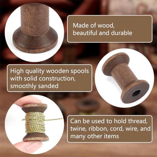 BENECREAT 30Pcs Antique Wooden Empty Spools, 1.18" Empty Thread Spools Wooden Ribbon Spools Bobbins for Wire Weaving Arts DIY Wood Projects, Coconut Brown