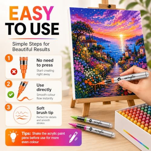 120-Color Acrylic Paint Markers - Non-Toxic, Quick-Dry Soft Acrylic Brush Markers Set for Rock Painting, Ceramic, Canvas, Wood, Glass, Fabric - Acrylic Paint Pens for Artists and Beginners
