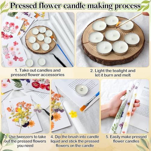 MTLEE 30 Pack Pressed Flower Candles Making Kit 6 Set Dried Pressed Flowers 12 White Taper 10 White Tealight Candles with Tweezers Brush for DIY Crafts Birthday Wedding Party Favors