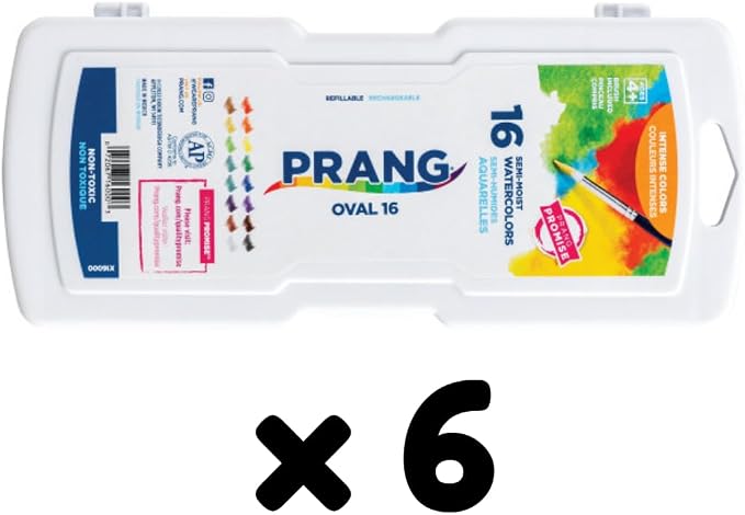 Prang Semi-Moist Watercolors 16-Color Oval Pan Set, Pack of 6 | Refillable, Wax-Free Pigments, Mixing Tray in Lid, Size 6 Paintbrush Included