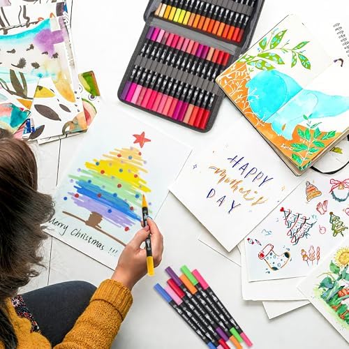 ZSCM 100 Colors Markers for Adult Coloring Books No Bleeding - Duo Tip Pens | Fine & Brush Coloring Marker for Adult Calligraphy, Illustration, Cards Drawing, Note taking Lettering, Journaling