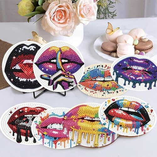 8 Pack Diamond Art Coasters,Sexy lips Diamond Painting Coasters Kits