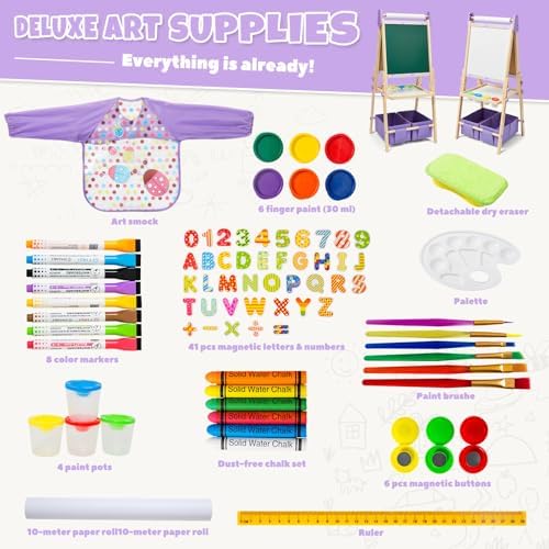 3-in-1 Kids Art Easel Set, Height Adjustable Magnetic Whiteboard & Chalkboard with Painting Paper Roll, Wooden Dual-Sided Art Station for Toddlers & Children Ages 3-8 (Art Supplies Included)