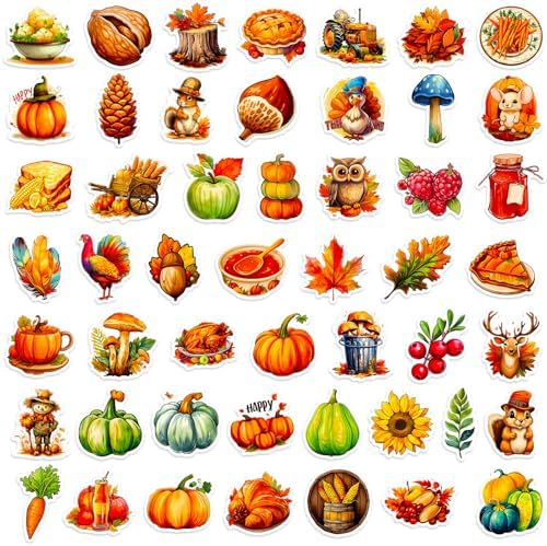 Thanksgiving Stickers Pack, 200Pcs Cute Thanksgiving Pumpkins Vinyl Waterproof Stickers for Water Bottles Envelopes Scrapbooking Crafts, Fall Sticker Gifts for Kids Adults Teens