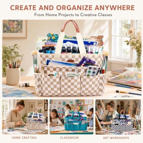 APOFFICE Large Craft Organizer Tote Bag with Multiple Pockets, Art Supply Storage Caddy with Removable Bottom Board and Shoulder Strap for Painting, Sewing, Scrapbooking and Classroom Supplies