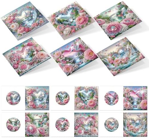 6 Pack Diamond Art Greeting Cards with Envelopes, Flowers and Hummingbirds DIY 5D Diamond Painting Card Kit, Handmade Rhinestone Postcards for Birthday & Valentine’s Day Wishes (30x15cm)