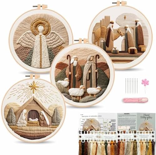 Harimau Adult Beginner Embroidery Starter Kit, Complete Set with 4 Patterns, 2 Hoops, Needles, Scissors, Instruction Guide & Stitching Video Tutorials