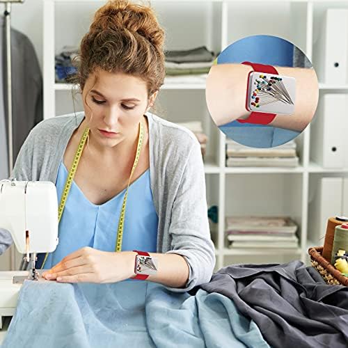 WILLBOND Magnetic Wrist Sewing Pincushion with 100 Pcs 1.5" Pins,Red