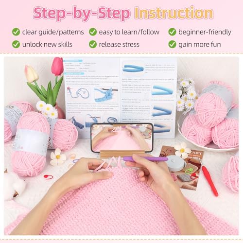 Aeelike Crochet Blanket Kit for Beginners, Easy Soft Crochet Kit, Pink