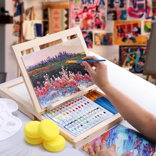 54 Pieces Complete Acrylic Paint Set with Portable Wooden Tabletop Easel