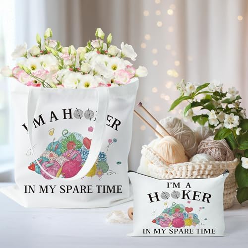 Y1tvei Crochet Canvas Tote Bag - 2Pcs Cosmetic Pouch Tote Bag Reusable Grocery Folding Shopping Bag for Crocheters Women