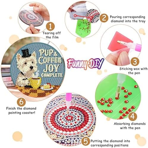 8 Pack Diamond Art Coasters, Coffee Dog Diamond Painting Coasters