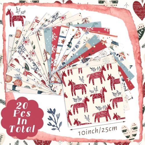 HunnmingRe 20 Pcs 10''x10'' Nordic Christmas Quilting Fabric Square Hygge Christmas Precuts Quilted Fabric Bundle Reindeer Dala Horse Snowflake Printed Sewing Material for Winter Patchwork DIY Craft