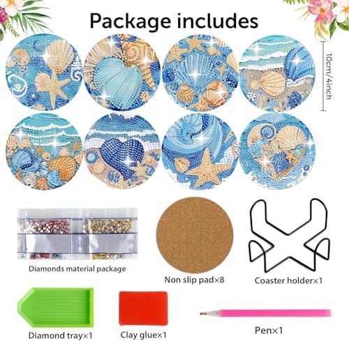 8 Pack Ocean Diamond Art Coasters,Seashell Diamond Painting Coasters Kits