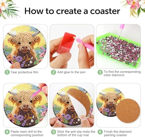 Diamond Art Coasters Kit,8 Pcs Highland Cow Diamond Painting Coasters Kit