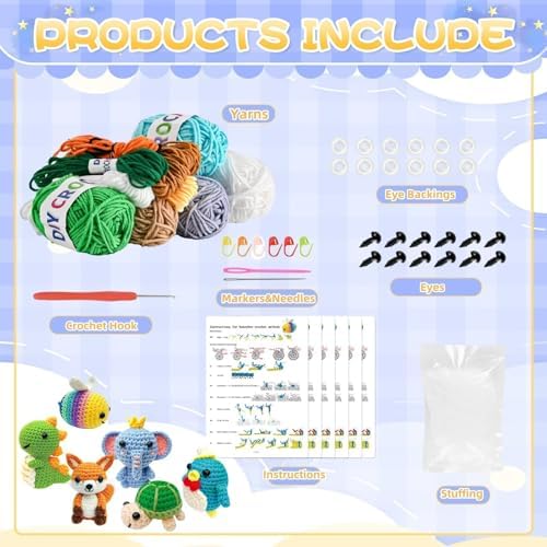 OLHKYN 6Pcs Crochet Kit for Beginners, 2026 DIY Craft for Adults, Great Gift for Crochet Lovers, Crocheting Animal Kits with Step by Step Videos,Yarn,Crochet Hook,Birthday Holiday Gift