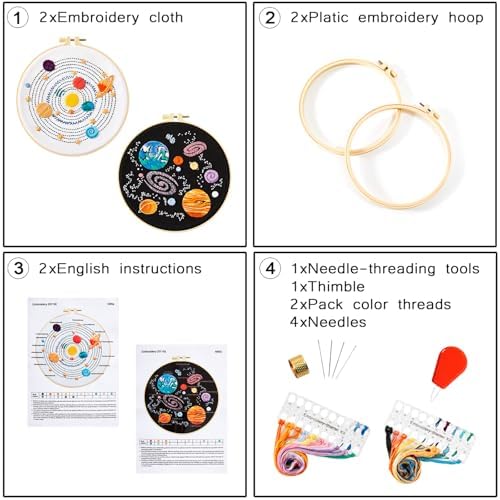 Armindou Embroidery Kit for Adults Beginners, Hand Embroidery Starter Kit with Solar System Patterns, Counted Stamped Cross Stitch Needlepoint Kit for Beginner Adult, 2 Set Embroidery Supplies/Hoop