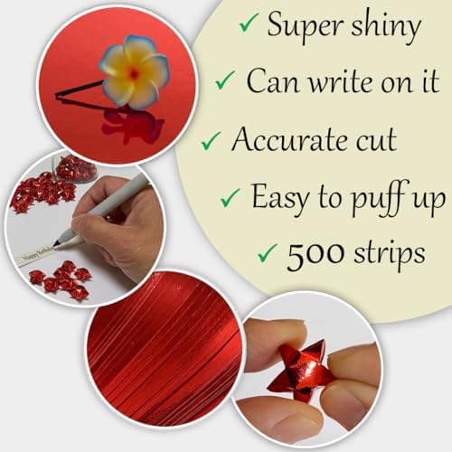 500-Strips Red Foil Paper Strips for Making Origami Stars, Lucky Stars, Puff Stars. Reflective Mirror Shiny Paper Strips, 0.5 x 11 inch. (Red Foil, 500)