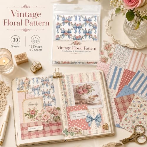 30 Sheets Vintage Floral Pattern Scrapbook Paper, Craft Cardstock for Journaling, Gift Wrapping, Collage Art & DIY Greeting Cards