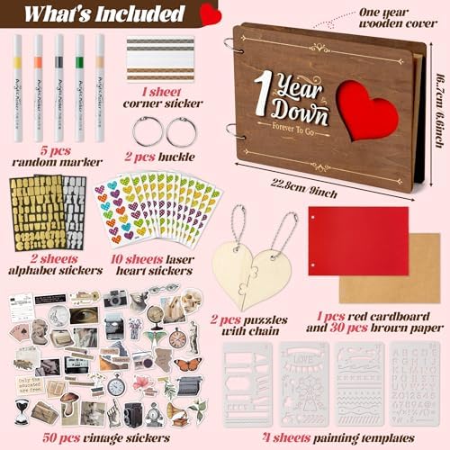 CY2SIDE Couple 1 Year Anniversary Scrapbook - 111PCS 1st Down Photo Wooden Album Scrapbook Craft Kit with Heart Puzzle Brown Paper Sticker Marker Template for DIY Anniversary Dating Gifts for Him Her