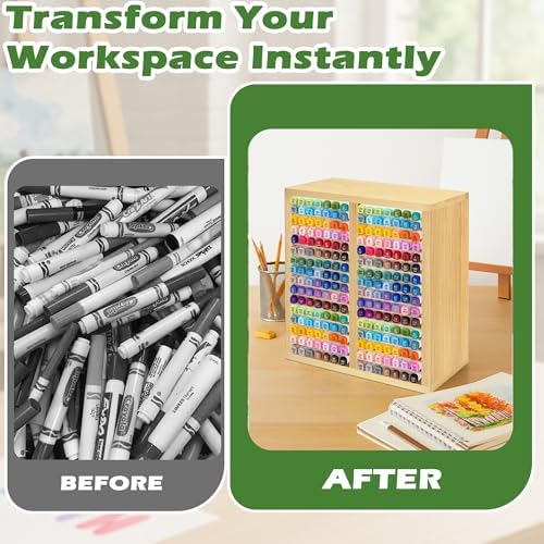 PROLEE Marker Organizer for 224 Markers, Wooden Alcohol Marker Holder with 32 Compartments, Horizontal Art Pen and Pencil Storage Rack for Desk, Classroom and Studio, Natural