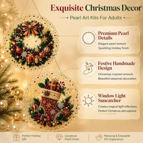 Cheerdox Christmas Pearl Diamond Arts Suncatcher DIY Kit, 5D Diamond Pearl Art Painting Acrylic Round Board with Lace Edge, Christmas Diamond Art Beads Craft Kit for Holiday (Style E)