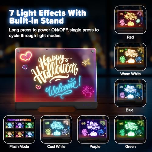 Geokay 16" Rechargeable LED Drawing Board, 9-Color Light Modes, Neon Art Dry Erase Light Up Doodle Glow Pad with Built-in Stand, Sketching Gift Toy for Kids/Girls/Teens, 7 Markers & Tracing Book