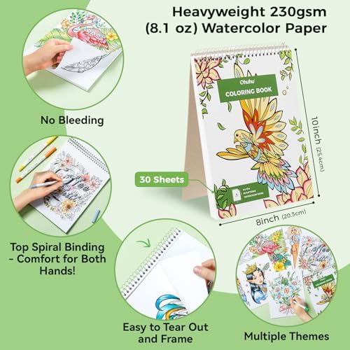 Ohuhu Adult Coloring Book 30 Patterns with 40 Colors Paper-Friendly Markers 230gsm Spiral Bound Coloring Book for Adults Relaxation Water-Based Markers for Adult Coloring Books No Bleeding - Pupe B