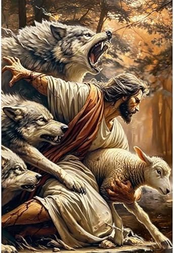Paint by Numbers Kit for Adults - Shepherd Protecting Lamb from Wolves, DIY Paint by Number, Biblical Themed Oil Painting Canvas, Adults Paint by Number Kits for Decor