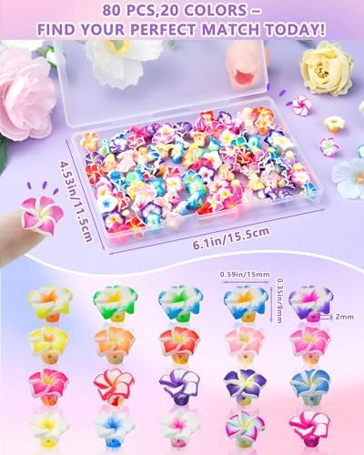 FIVEIZERO Flower Charms, 80PCS Clay Plumeria Flower Beads, 20 Colors