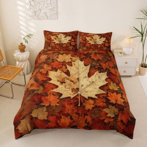 Erosebridal Maple Leaf Duvet Cover King Size Autumn Fall Bedding Set for Adults Teens Women Boho Vintage Comforter Cover Modern Abstract Bedclothes Room Decor