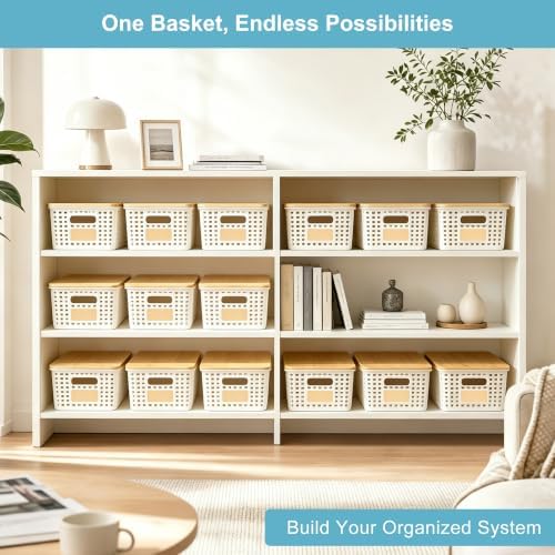Bagnizer Small Plastic Storage Bins with Bamboo Lids 5.2qt Stackable Box Basket Pantry Decorative Containers Cute with Labels for Organizing Desktop Closet Office Cream White of 6 packs 10*7.2*4.1"