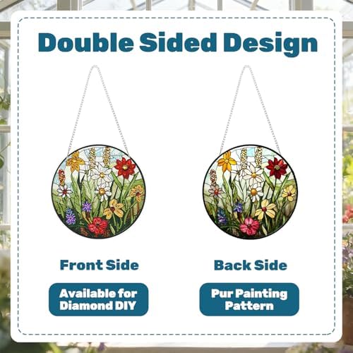 CRZMODE Stained Glass Wildflowers Diamond Art Hanging Kit for Adults, Pendant Diamonds Painting Art Kit, Special Crystal Diamond Art Painting Pendant Ornament, Craft Gift for Women Home Window Decor