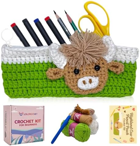 Highland Cow Crochet Kit for Beginners, Learn to Crochet Pencil Bag Starter Set with Video Tutorial & Crocheting Manual, Easy Yarn Knitting Kit for Adult, DIY Amigurumi Birthday Xmas Gift Idea