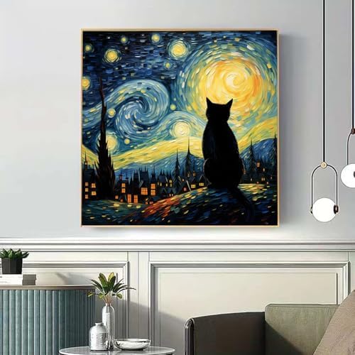 VeGuude Cat Diamond Art Kits for Adults-Starry Night Diamond Painting Kits for Adults Beginners, 5D DIY Full Drill Diamond Painting Cat Gem Art and Crafts Home Wall Decoration 14x14inch