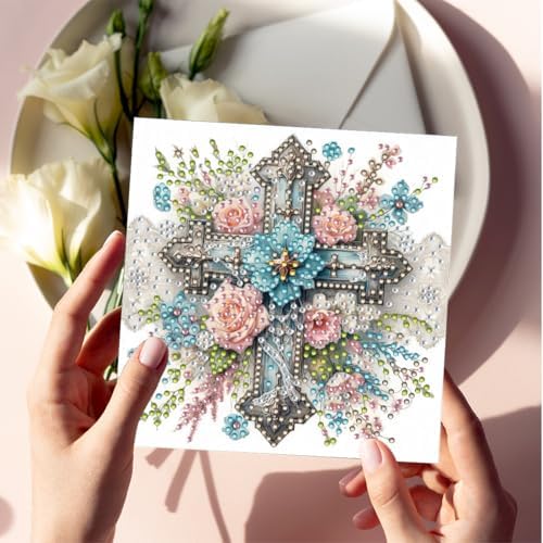 Diamond Art Cards with Envelopes–6PCS DIY Diamond Painting Greeting Cards Kit | Card Making Kit with Bling for Adults & Beginners | Birthday,Holiday & Thank You Cards (Flower and Cross)